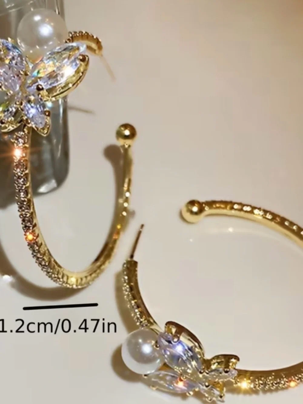 Elegant Gold Pearl & Crystal Butterfly Hoop Earrings